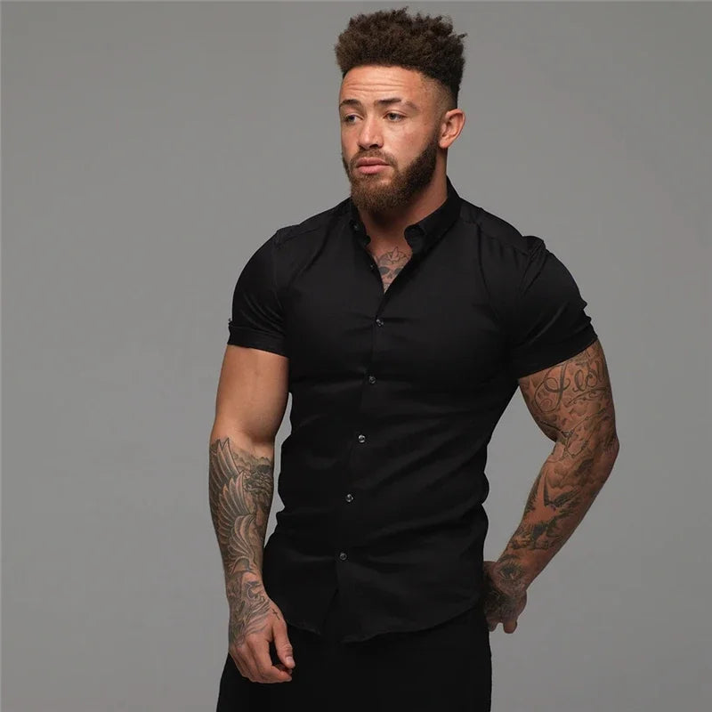 Men's Fashion Dress Shirt Summer Classic Slim Fit Button Short Sleeve Shirts