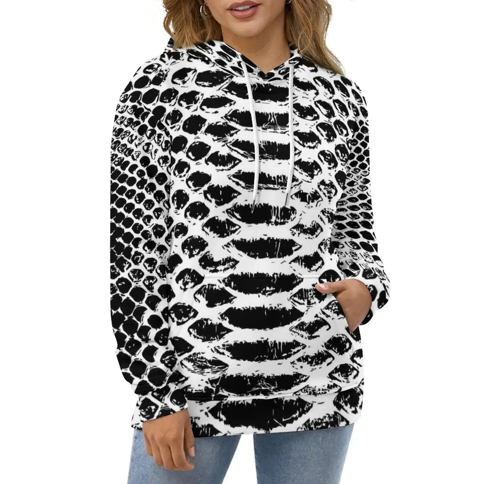 Snakeskin Casual Hoodies Black and White Animal Aesthetic Graphic Loose Hoodie