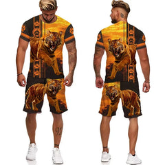 YUHA,Tiger King 3D Printed Men's T-shirt+Shorts Suit Unisex Cool Animal Summer O-Neck Tops