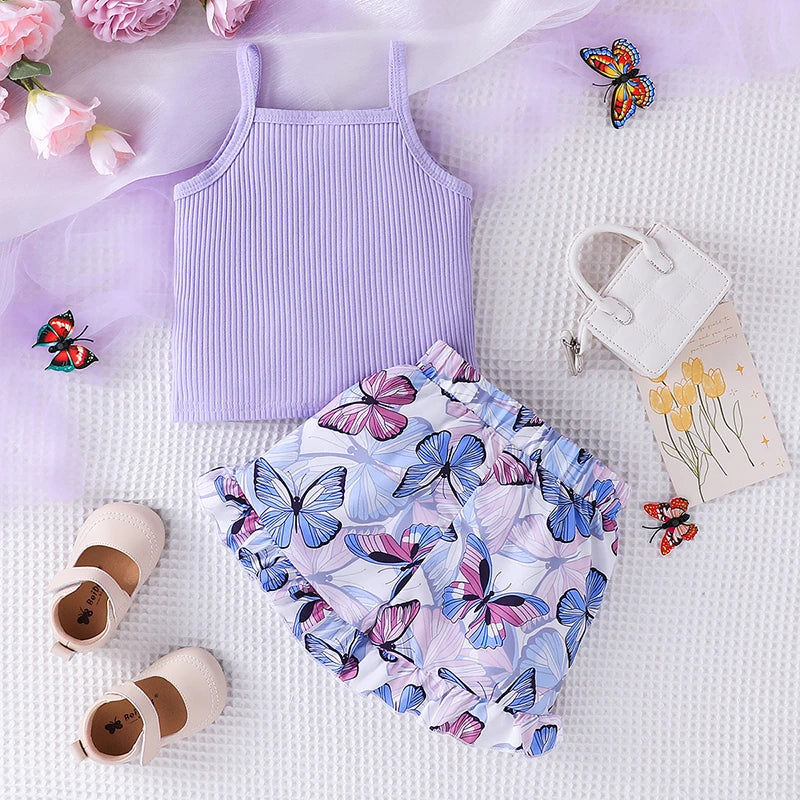 Sleeveless Purple Vest Butterfly printing Short Pants Outfit Toddler Infant Fashion