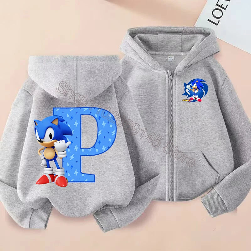 New Sonics Boys Zip-up Hoodies Kids Anime Hoodie Cartoon Letter Printed Tops Winter Warm Jacket Coat Autumn Children Clothing