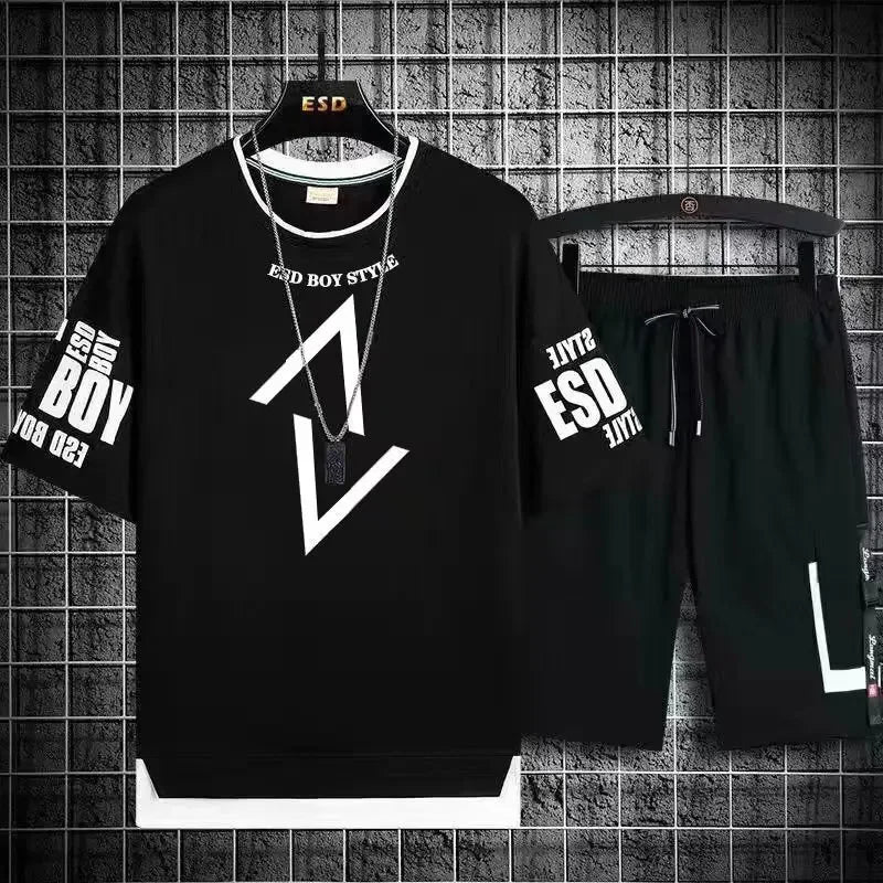 Mens Summer Short Sets Graphics T-shirt+Shorts Two Piece Set