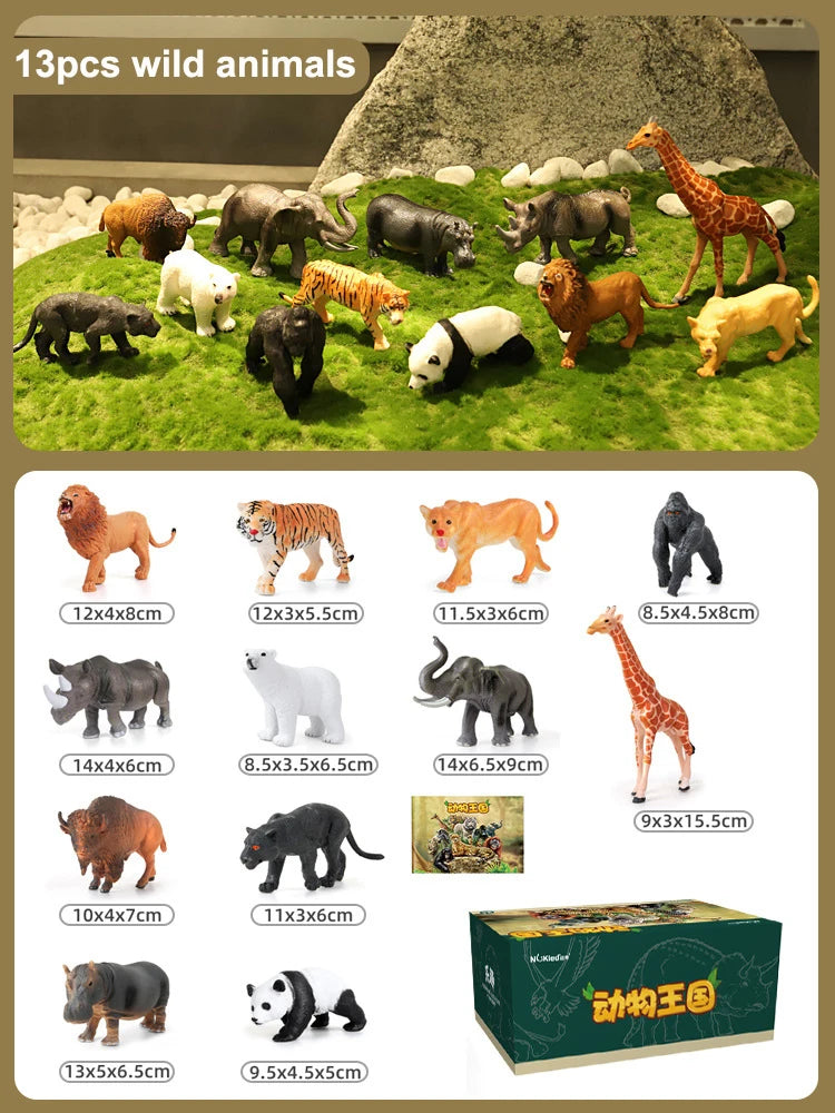 13PCS Wild Animal Model Simulated Elephant Gorilla Tiger Lion Hippo Panda Toy Ornaments Farm Animal Toys with Picture Album