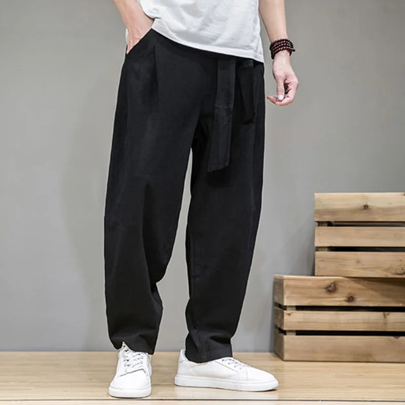 Spring Cotton Linen Pants Men Elastic Waist Casual Harem Pant