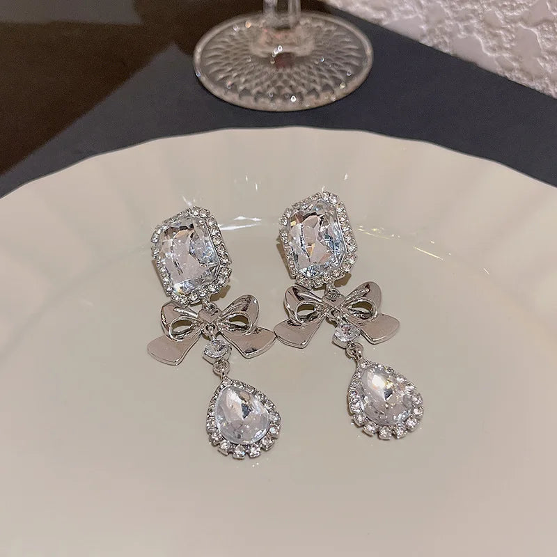 Elegant Delicate Shiny Square Heart Bowknot Crystal Zircon Earrings