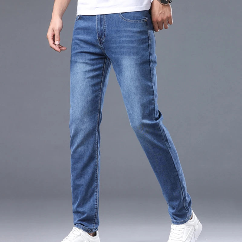 Summer Thin Men's Jeans Embroidered New Denim High Quality Elastic Small Straight Trousers