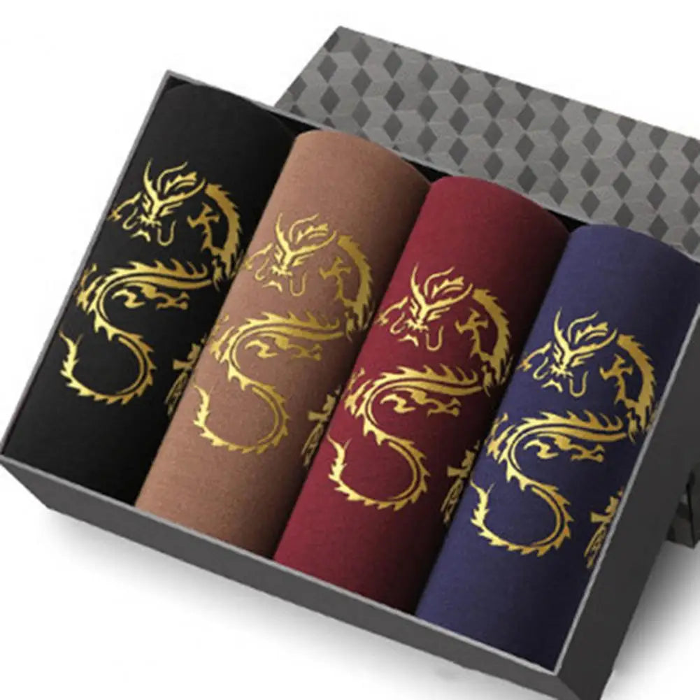 Men Dragon Print Undergarments 4 Pcs Men's Seamless Soft Breathable Boxers