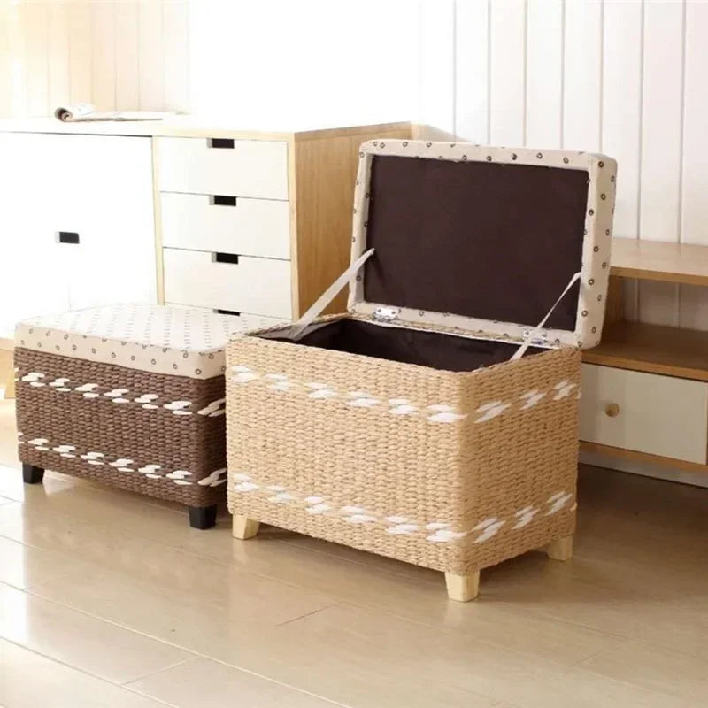 Japanese-style Storage Stool, Woven Storage Step Stool, Rustic Home Foot Stool