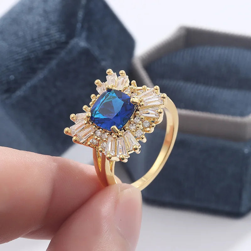 Blue Glass Stainless Steel Ring Multi Size European Retro Palace Blue Crystal Ring Adjustable Size Women's