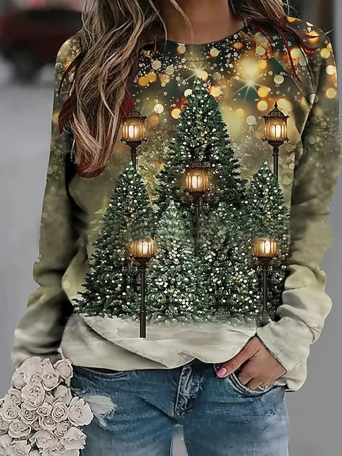 Festive Christmas Tree Print Sweatshirt - Soft Casual Long Sleeve CrewNeck, Relaxed Fit, Women's Winter Clothing Holiday Gift