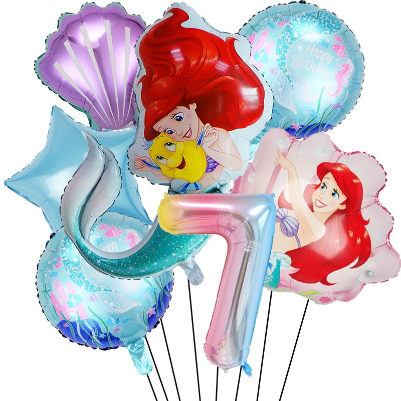 Little Mermaid Foil Balloons Set Digit 1-9 Years Old Baby Shower Mermaid Princess Themed Girls Borthday Party Decorations