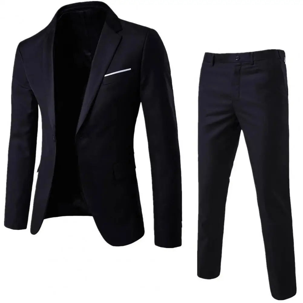 1 Set Stylish Formal Suit Temperament Men Blazer Pants Turndown Collar Pure Color One Button Suit Set  Daily Wear