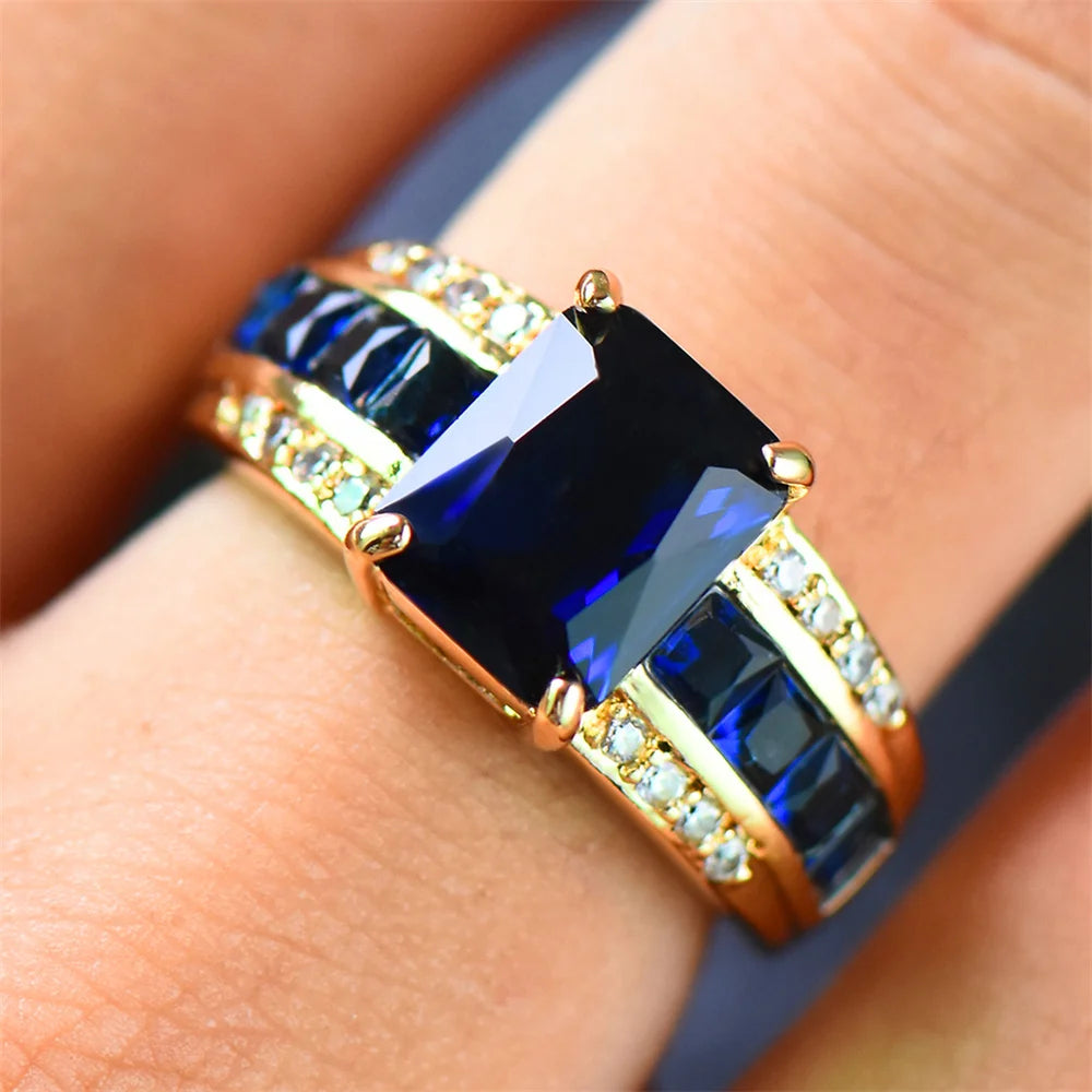 Fashion Female Blue Zircon Square Finger Ring Yellow Gold Color Wedding Jewelry For Women Party Accessories