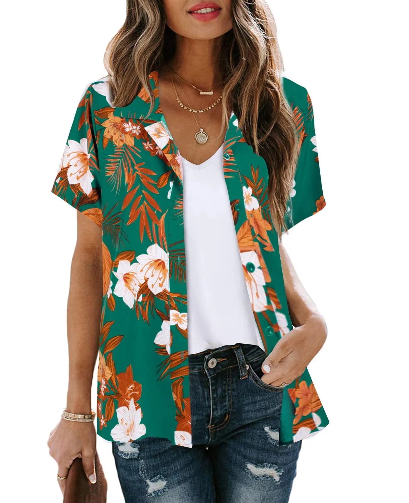 Bohemian Beach Holiday Shirt & Blouse Women Fashion Short Sleeve Button Shirts