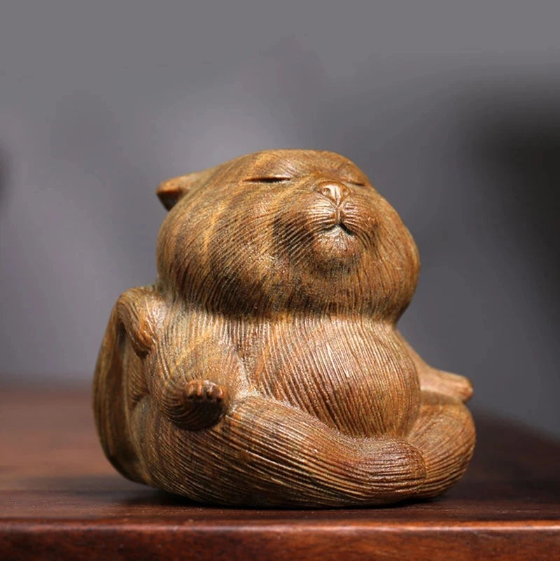 Green sandalwood Fat Tiger Wood Sculpture Animal Statue Collection Office Decoration Home Décor