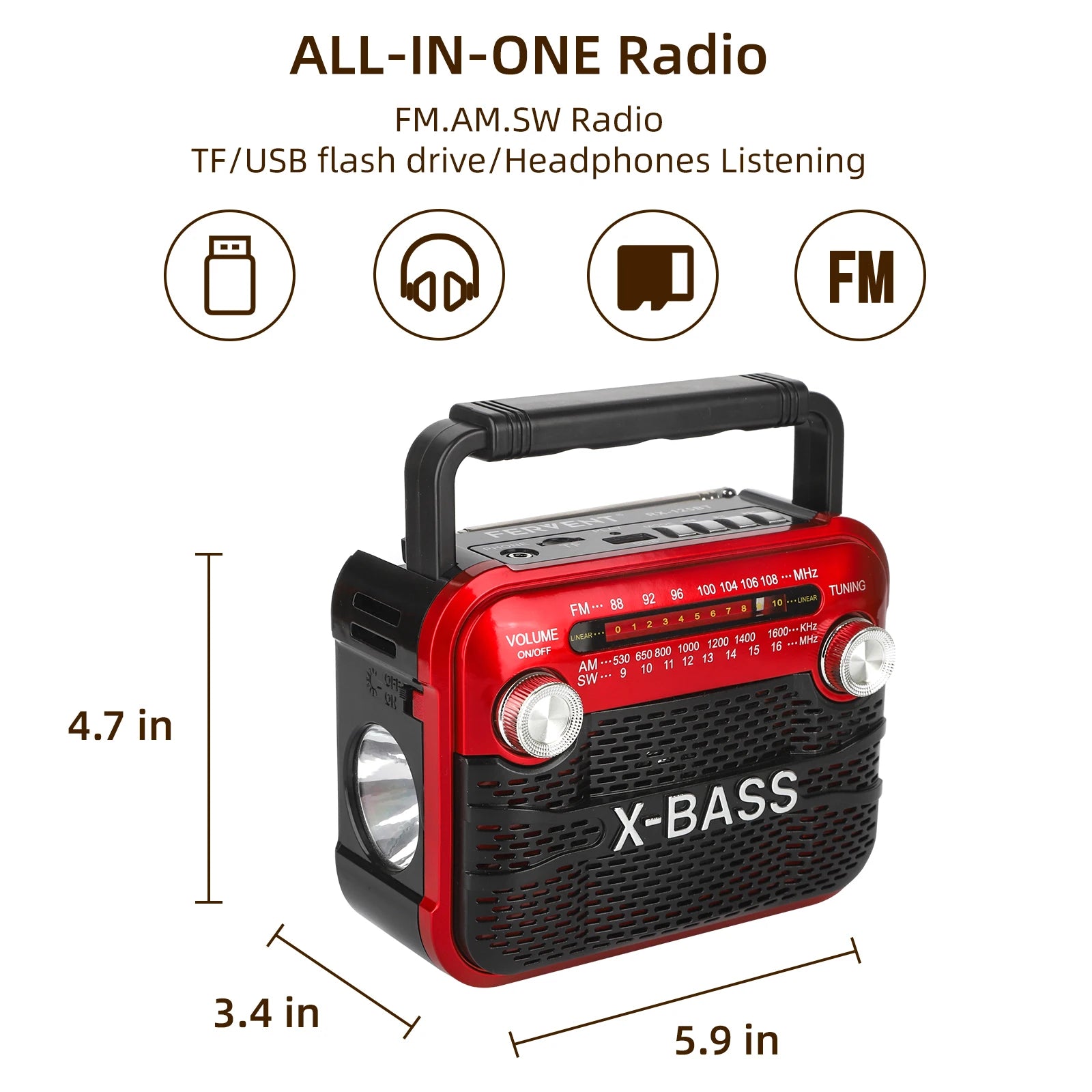 Portable compact FM radio, output 3W FM/AM/SW1-6/USB/TF/BT playback