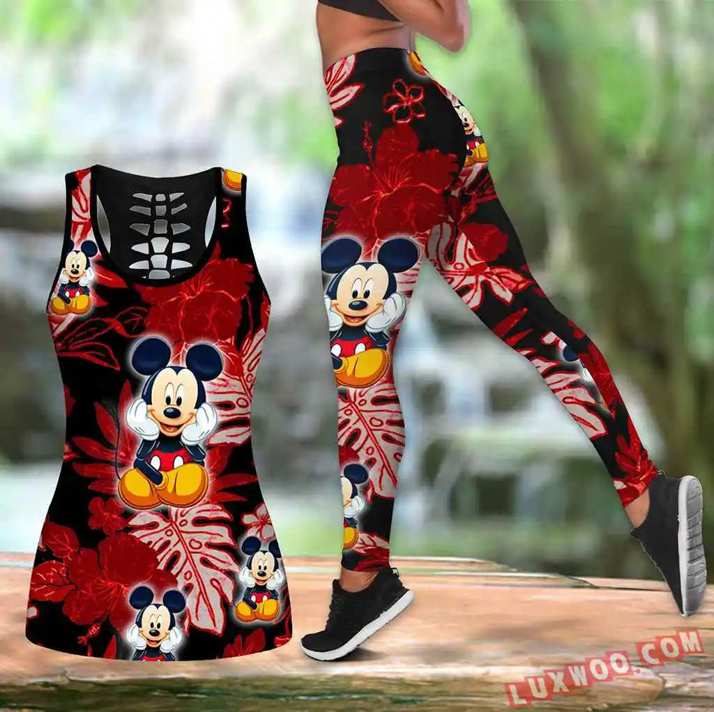 Mickey Women's Hollow Vest Women's Leggings Yoga Suit Fitness Leggings Sports Suit Disney Tank Top Legging Set