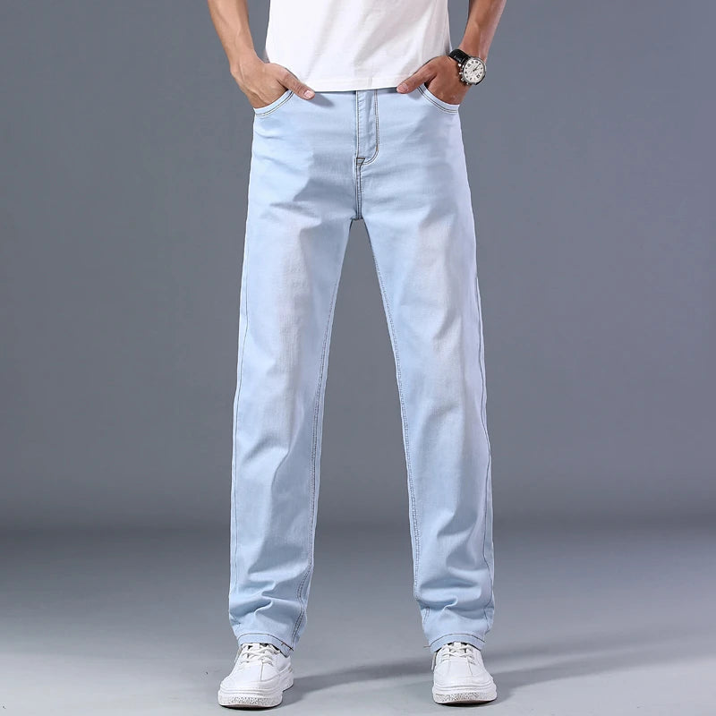 SHAN BAO cotton stretch men's straight loose loose summer thin jeans  spring classic brand casual lightweight jeans blue