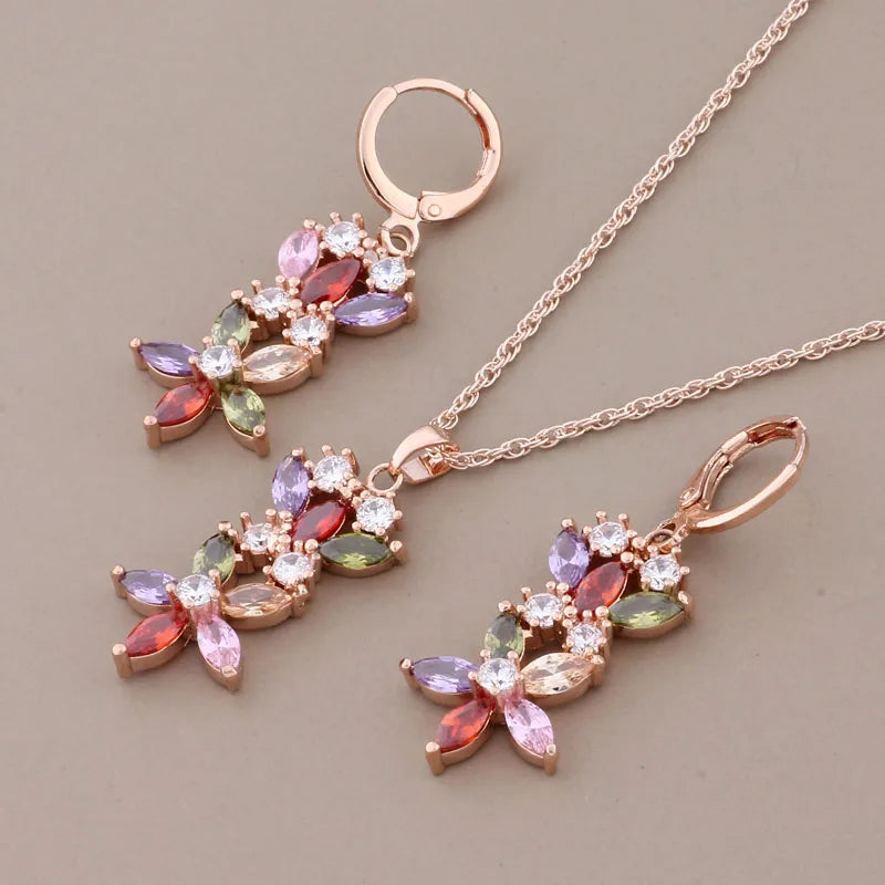 Rose Gold Color Jewelry Sets Colorful Zircon Hanging Earring High Quality Fashion Luxury Elegant Women's Set