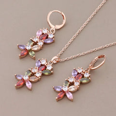 Rose Gold Color Jewelry Sets Colorful Zircon Hanging Earring High Quality Fashion Luxury Elegant Women's Set