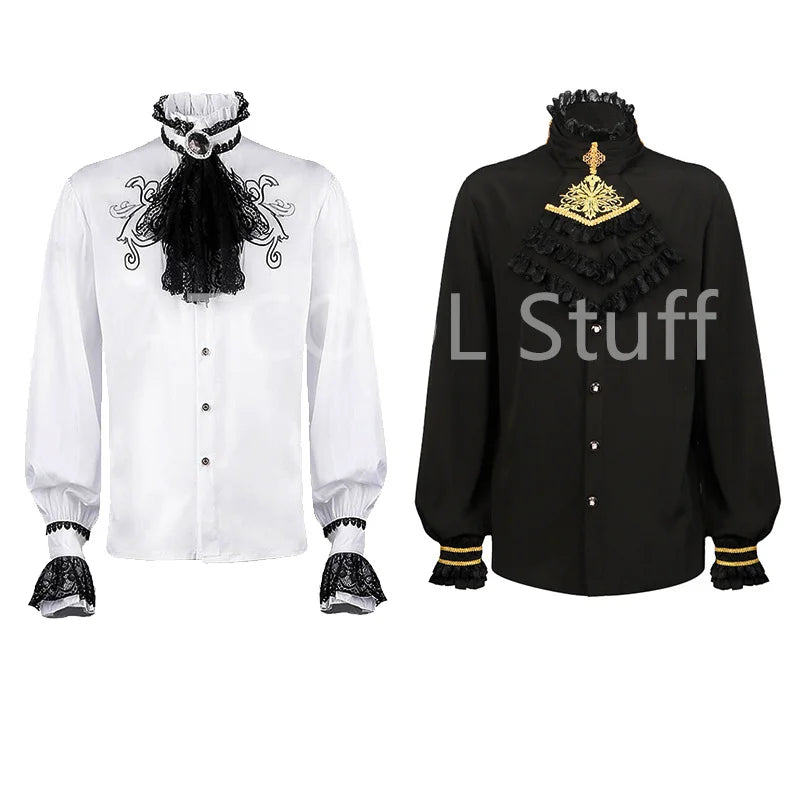 New Medieval Men's Shirts Turtlenecks Vintage Bandage Victorian Ruffles Gothic Male Jabot Blouse Tops Groom Casual Outfit