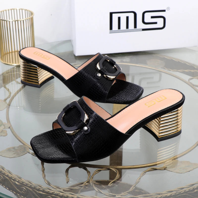 High-heeled women's slippers Summer of new thick-heeled square buckle plus size sandals wear high-value women's shoes