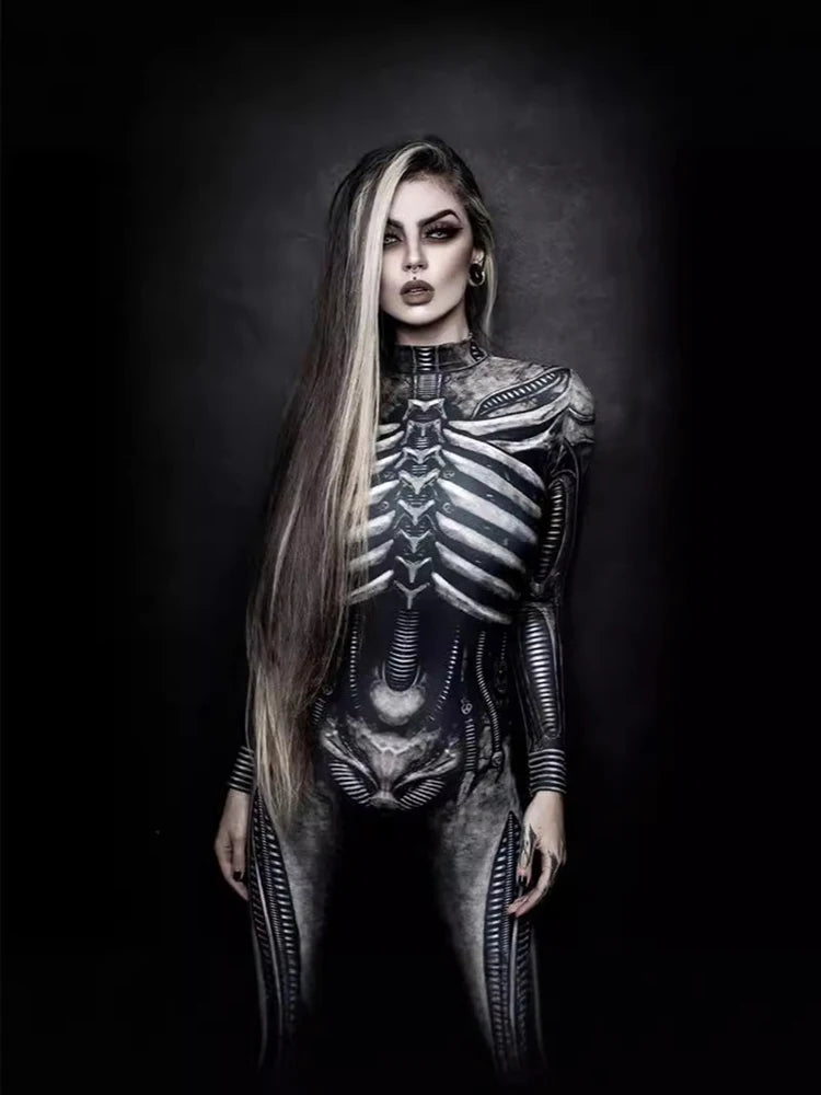 Scary Skull Jumpsuit Disguise Skull Skeleton Horror Terror Halloween Costume for Women Dresses Ghost Carnival Party Masquerade