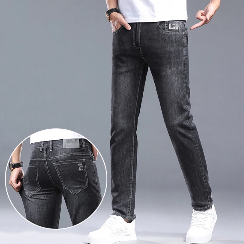 Summer Thin Men's Jeans Embroidered New Denim High Quality Elastic Small Straight Trousers