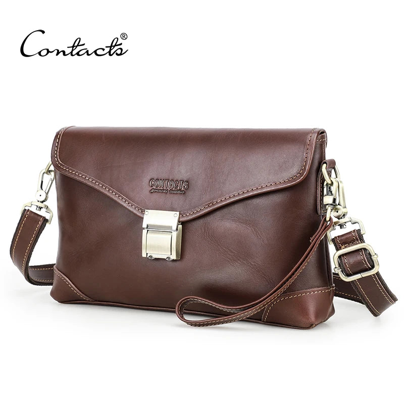 CONTACT'S Genuine Leather Men Small Messenger Bag Password Lock Design Vintage Shoulder Sling Phone Bag Male Clutch Handbag