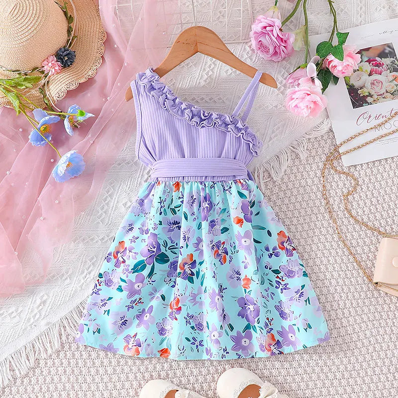 Summer Ruffles Floral Off Shoulder Sleeveless Kids Princess Dresses