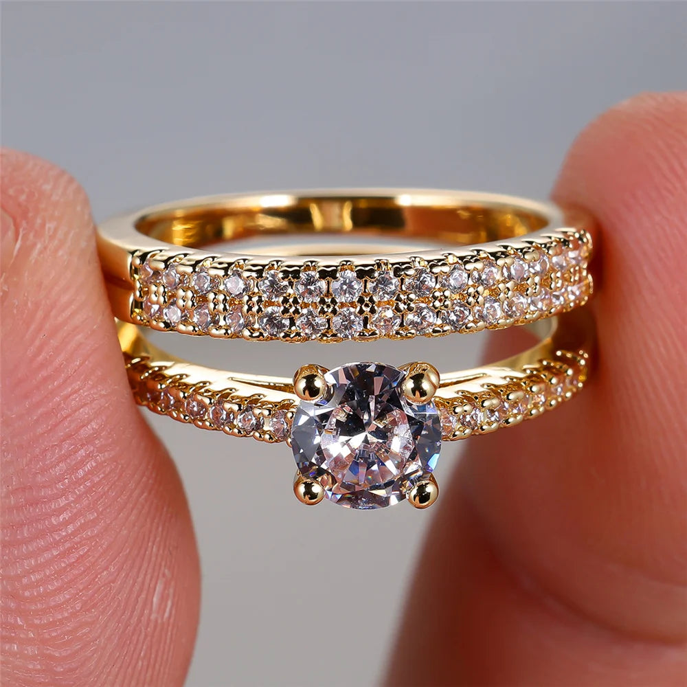 2pcs Female Round Gold Color White Zircon Stacking Couple Ring Set