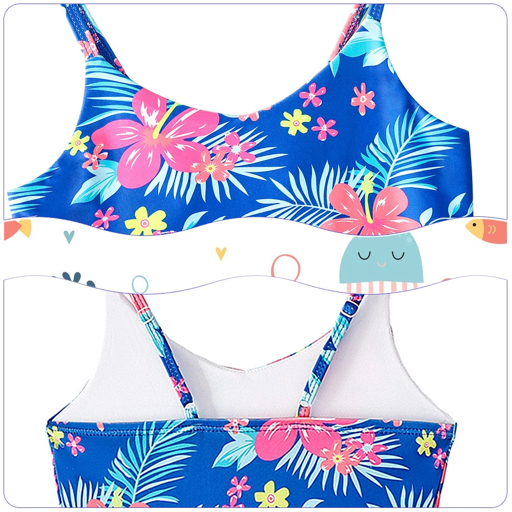 Girls Swimsuits with Skirt for Summer Floral Sling One-Piece Swimming Wear