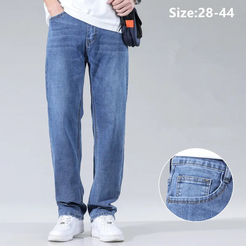 High Waisted Stretched Spring Autumn Men Jeans Plus Size 44 42 40 Loose Blue Denim Trousers Popular Comfortable Fashion Pants