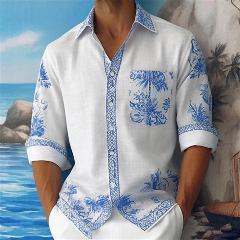 Hawaiian 3D digital printed fashionable men's street casual bamboo long sleeved left patch pocket flip collar shirt for comfort