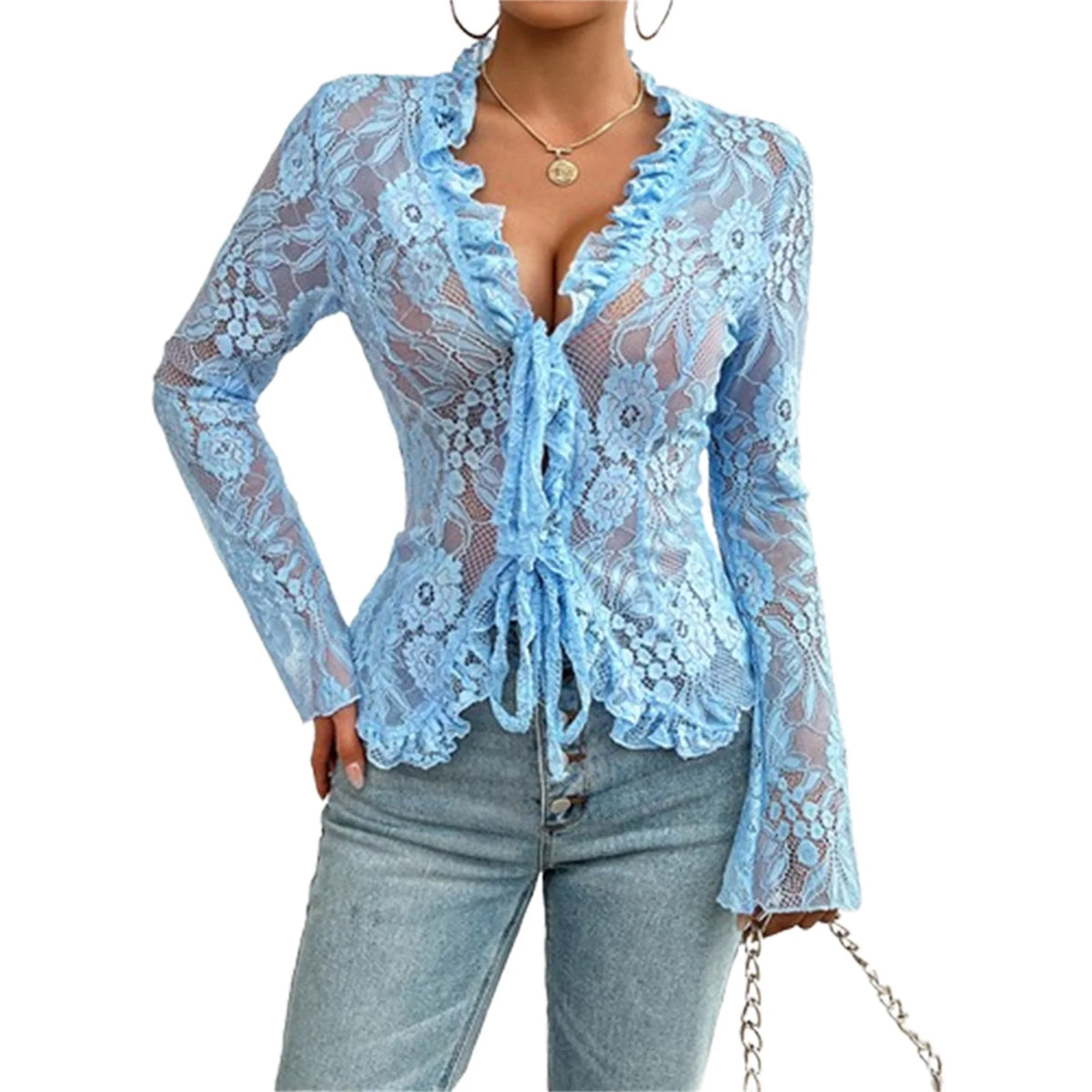 Elegant Floral Lace Long Sleeve Blouse with Front Tie Detail - Stylish Sheer Top for Chic Clubwear and Street Style Fashion