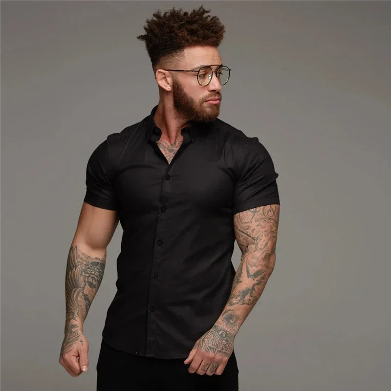 Men's Fashion Dress Shirt Summer Classic Slim Fit Button Short Sleeve Shirts