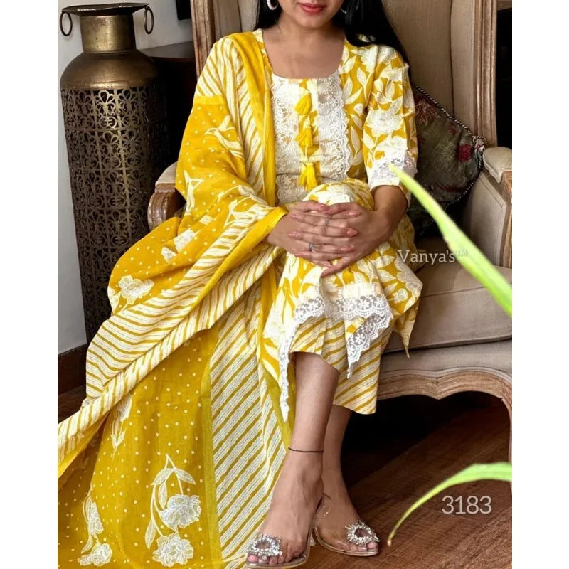 Fully Stitched Salwar Kameez Yellow Color Printed Kurta Palazzo with Dupatta Set