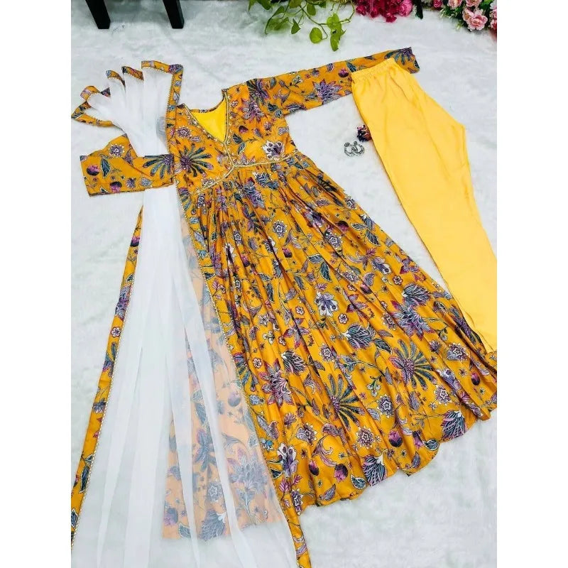 Yellow Print Palazzo Dupatta Kameez Salwar Indian Kurta Women Kurti Designer Set Pakistani