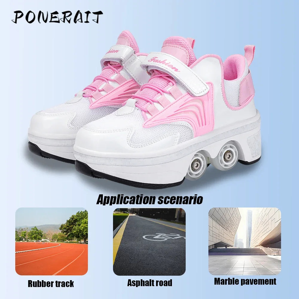 Child's 4-wheel Dual-purpose Roller Shoes Outdoor Kids Deformed Shoes With Wheels Fashion Parkour Sneakers For Girls From Gift