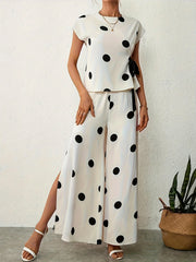 Women's Chiffon Sport Suit Summer New Fashion Polka Dot Wide Leg Pants Strap Tops