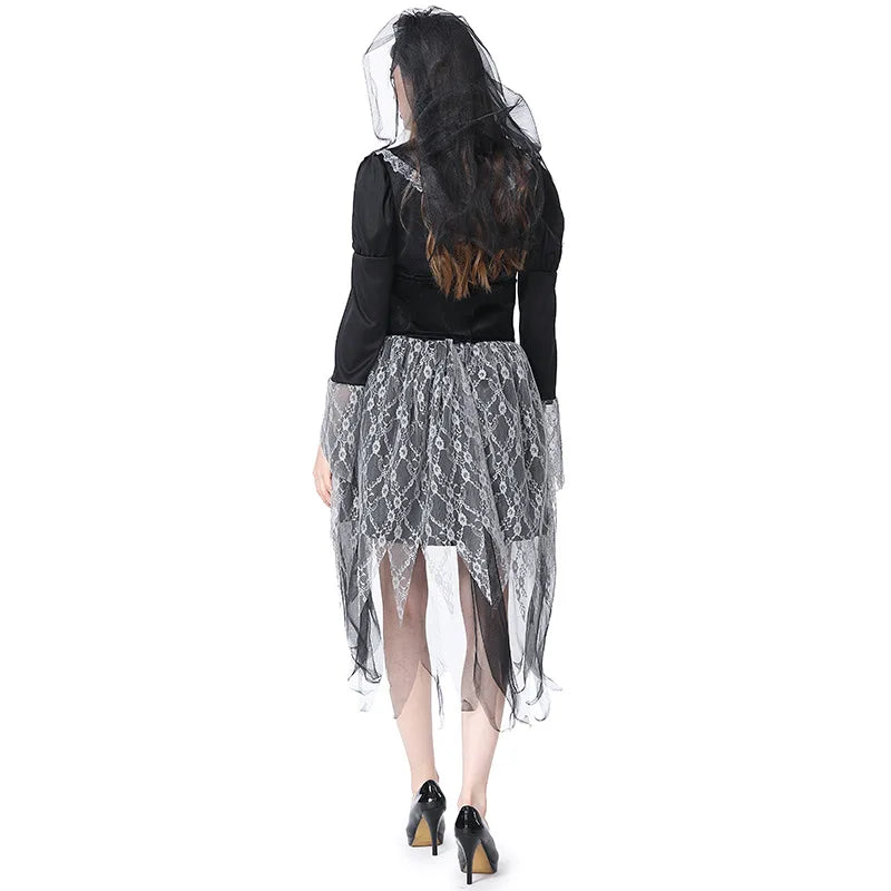 Gothic Woman Black Lace Corpse Bride Cosplay Female Halloween Skeleton Ghost Costume