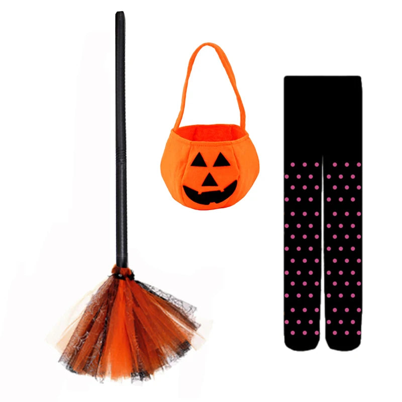 Girls Halloween Cosplay Kids Costume Children Gown Infant Witch Dress Clothing Set Hat Pumpkin Bag Pantyhose