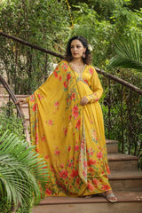 Indian Women Festival Wear Aliya Cut Kurta Sharara Dupatta Set Yellow Salwar Set