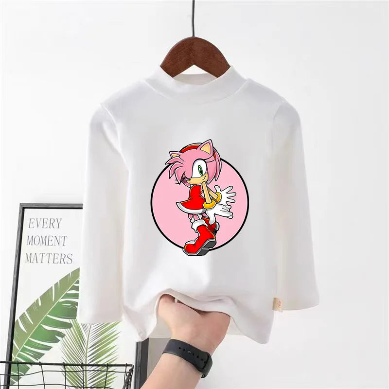 Sonics Print Long Sleevese Pure Color Women T-shirt Top Cotton Casual Cute Cartoon Anime Sweat Absorbent Breathable Shirt Kids