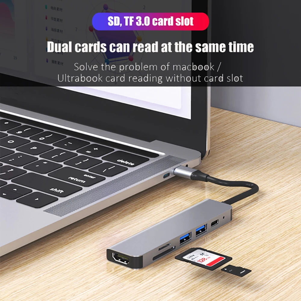 6-in-1 USB C HUB 4K 30Hz Type C to HDMI Adapter PD 87W USB Splitter USB Adapter