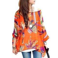 Women New Striped Print Summer Tops Tees Batwing Sleeve Casual Chiffon Blouses