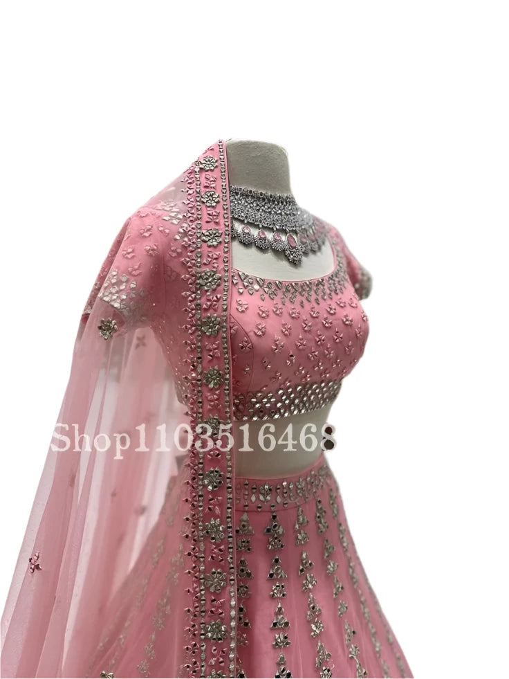 Pink Indian Ethnic Wedding Dresses Luxury Diamante Applique Saree