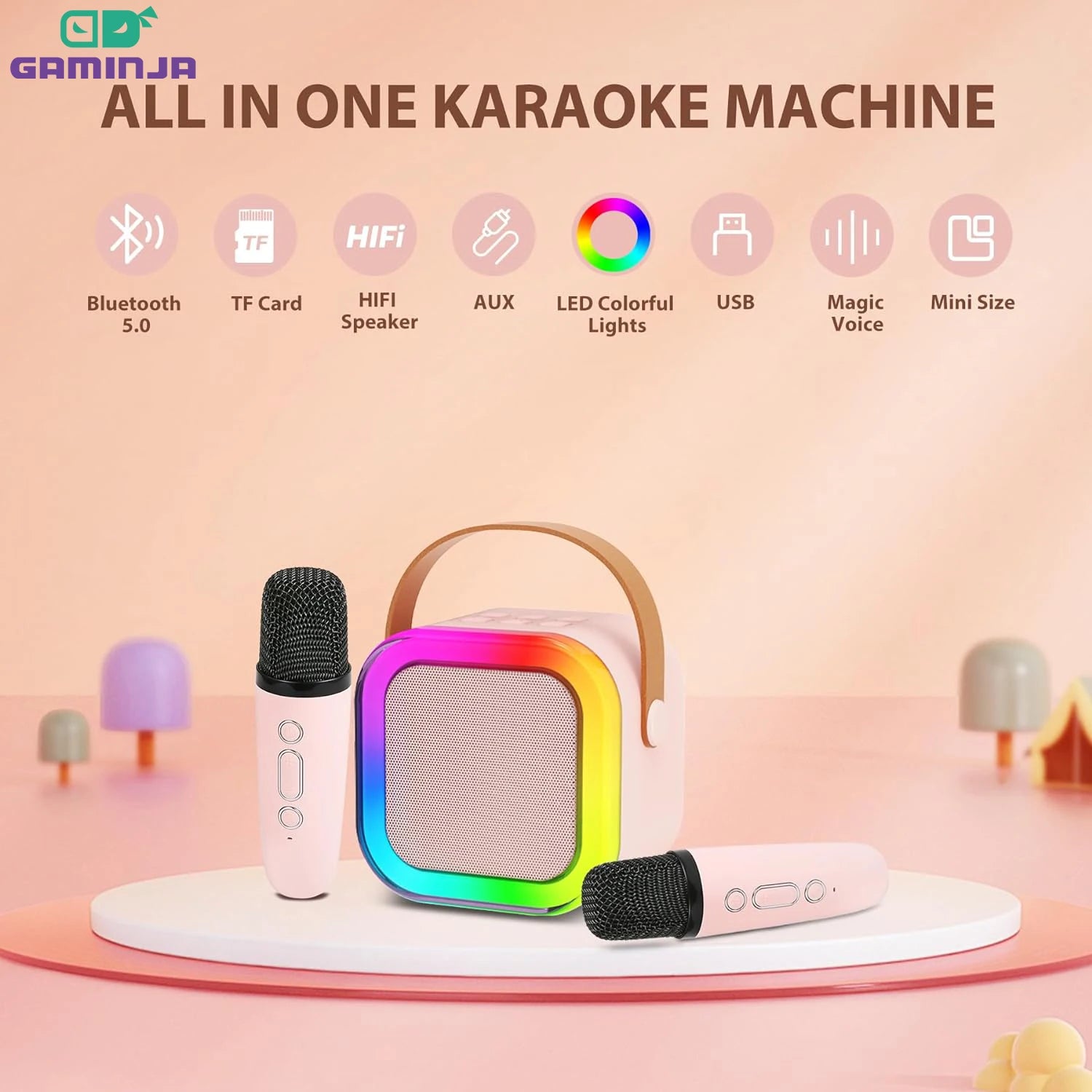 GAMINJA Mini Karaoke Machine With Wireless Microphone Suitable For Children And Adults