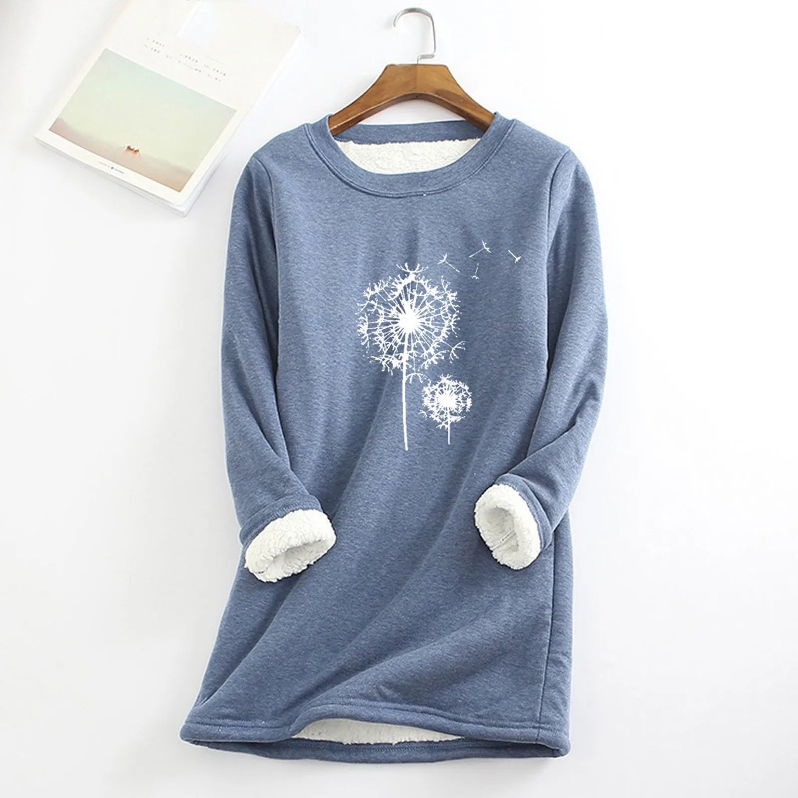 Women Casual Print Shirt Thick Fleece Lined Sweatshirt Winter Round Neck Warmth Padded Soft Fashion Pullover