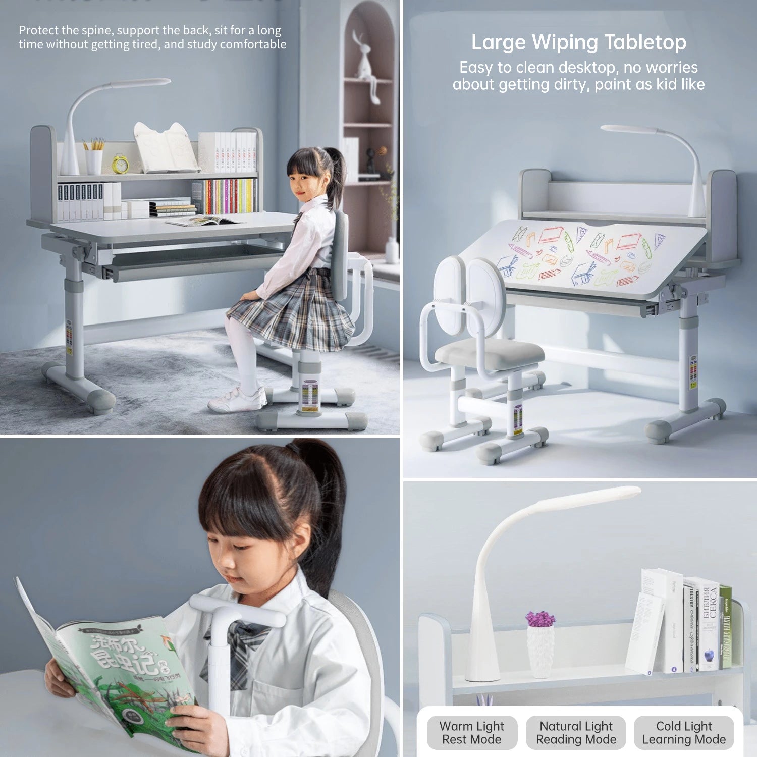 Kids Desk and Chair Set Height Adjustable, Ergonomic Children School Writing Study Table